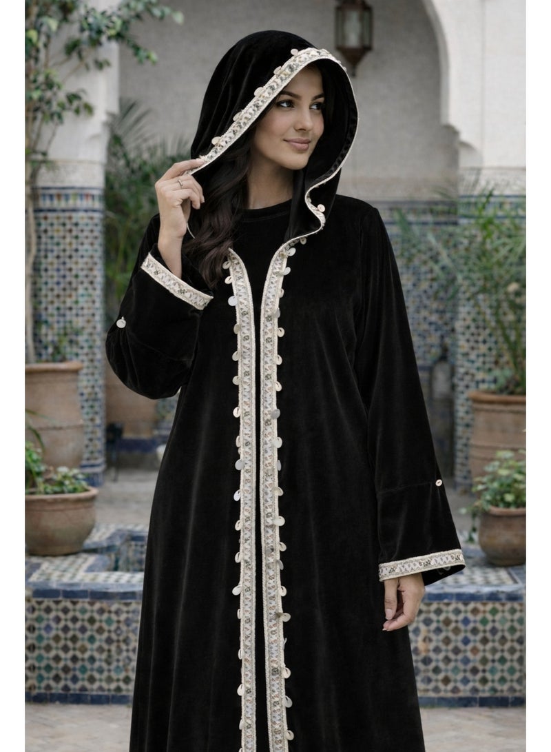 قفطان/عباية رمضانية نسائية من المخمل بغطاء رأس مع حواف دانتيل، روب/عباية بأكمام طويلة. - Image 2